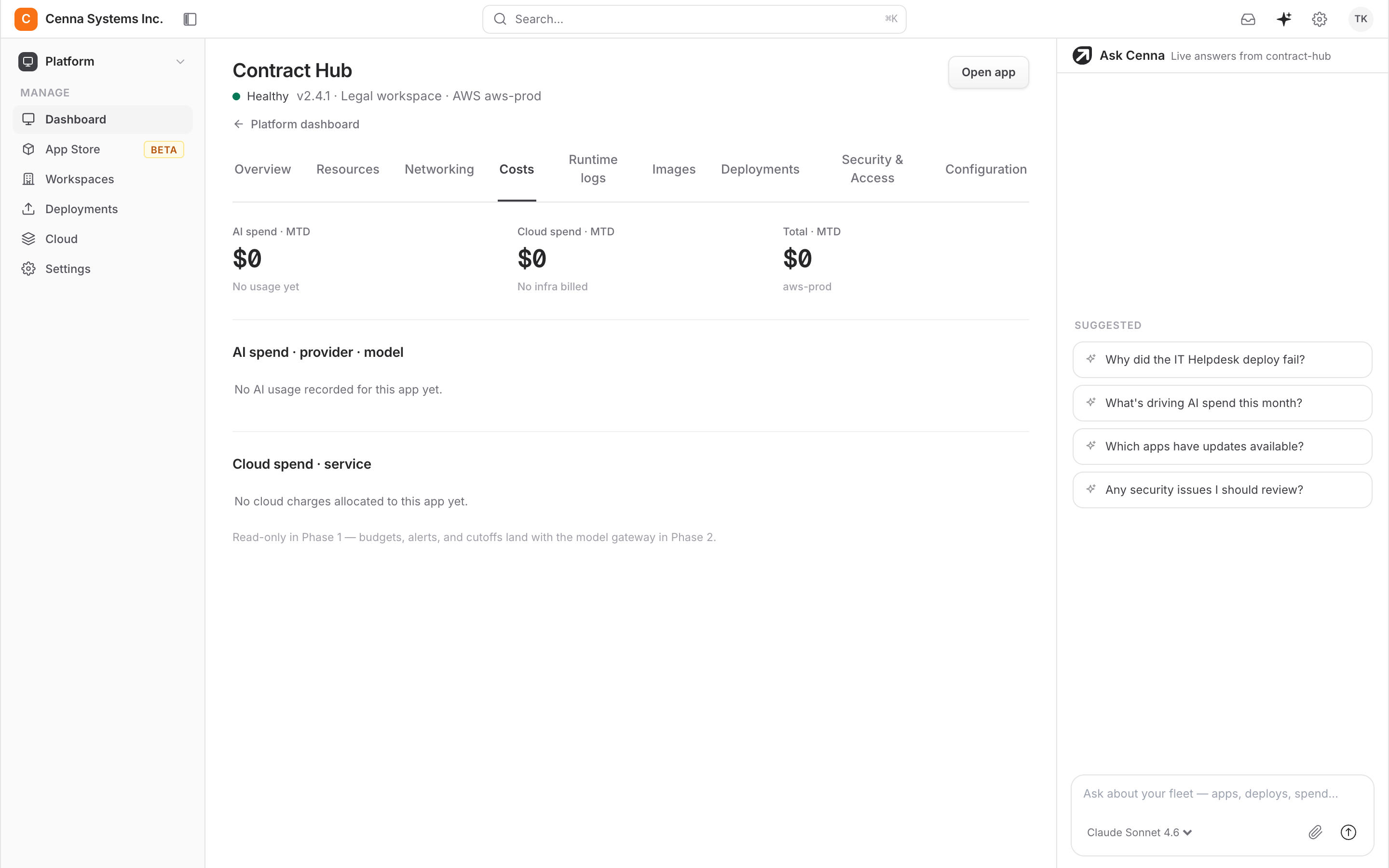 Contract Hub costs by model and cloud service