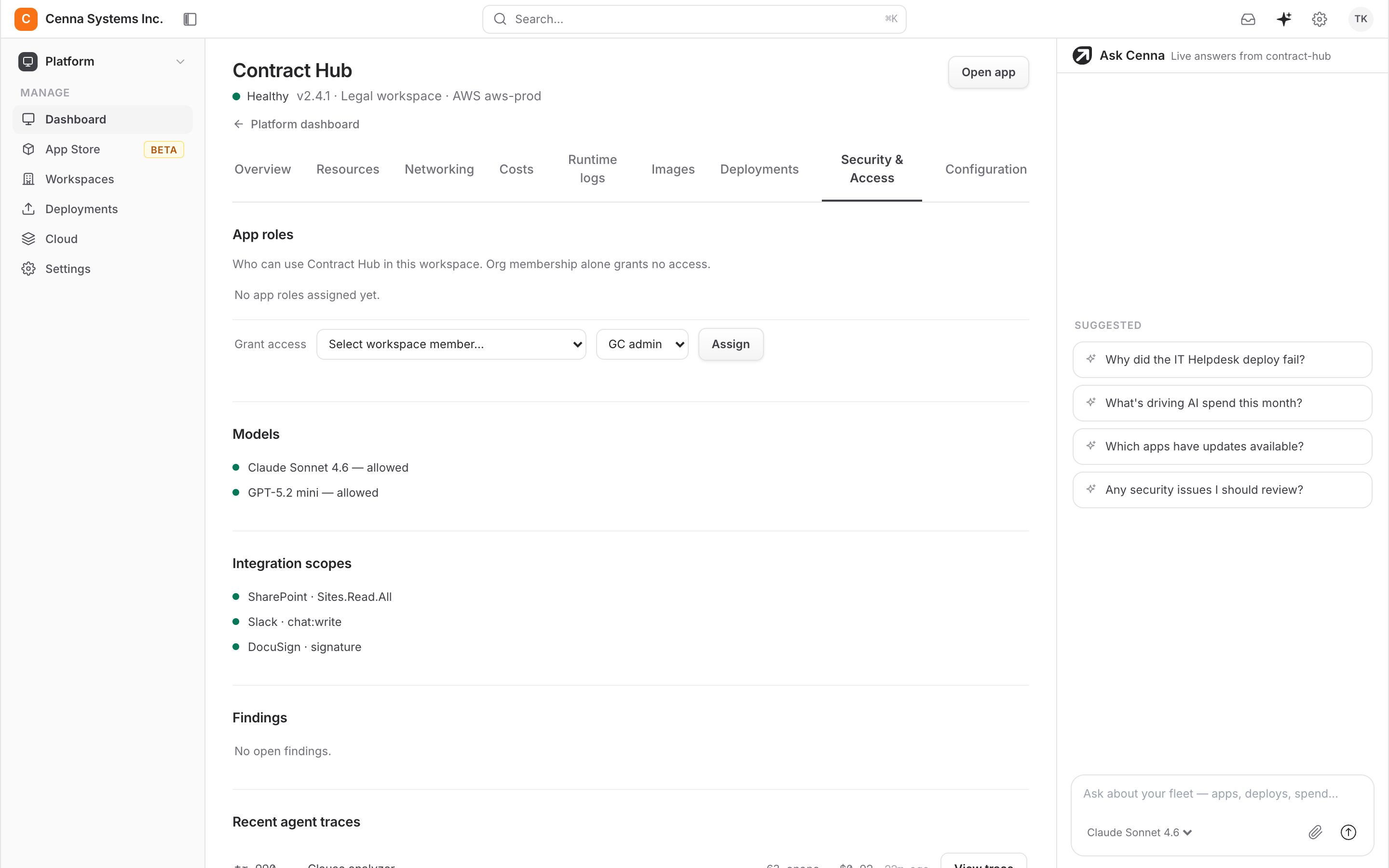 Cenna security and access view showing allowed models, integration scopes, findings, and recent agent traces with per-trace cost