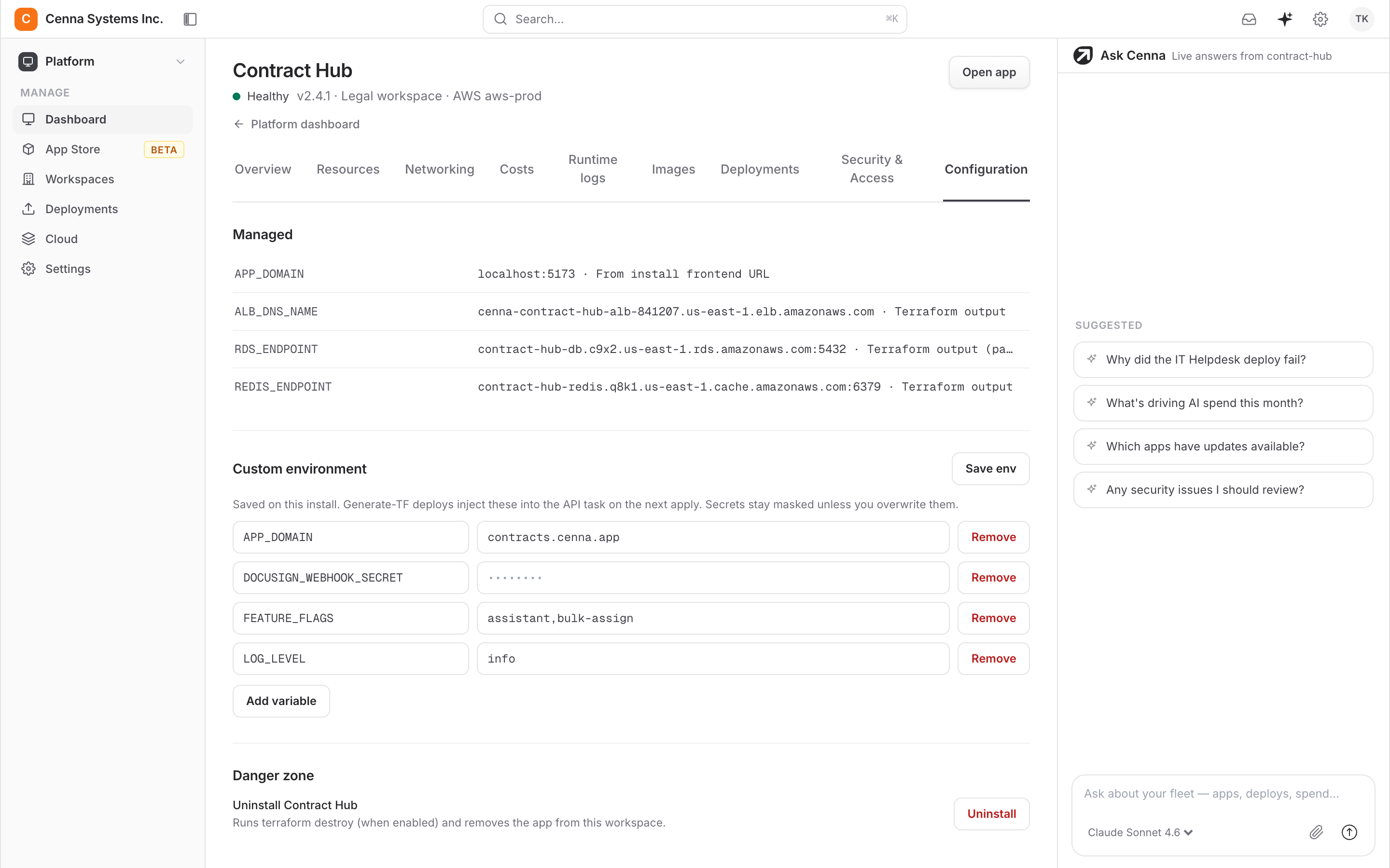 Cenna application configuration showing environment values with secrets masked