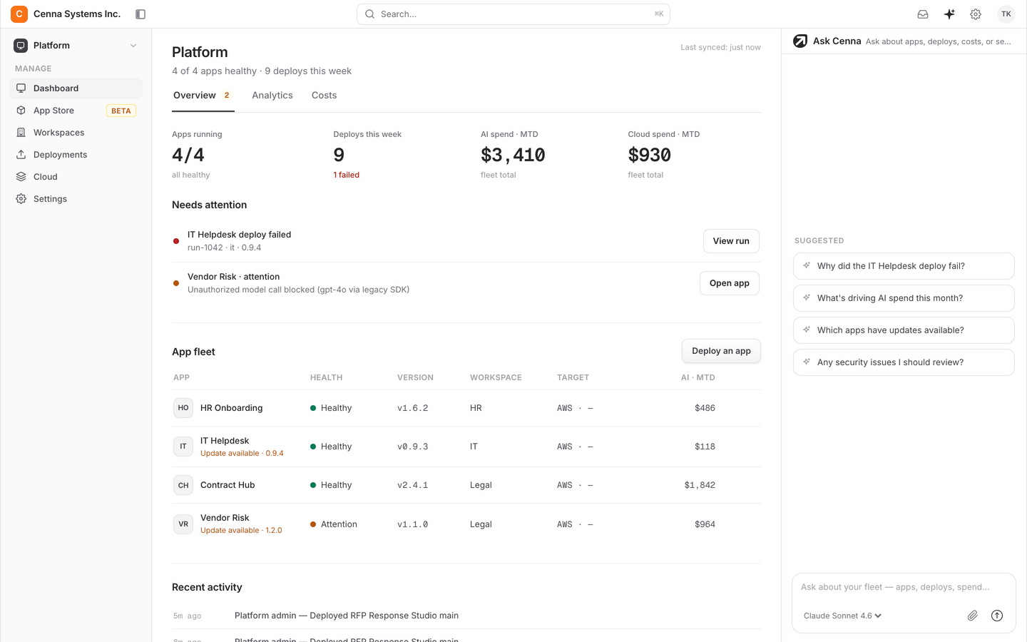 The Cenna platform — a catalog of agentic applications ready to deploy