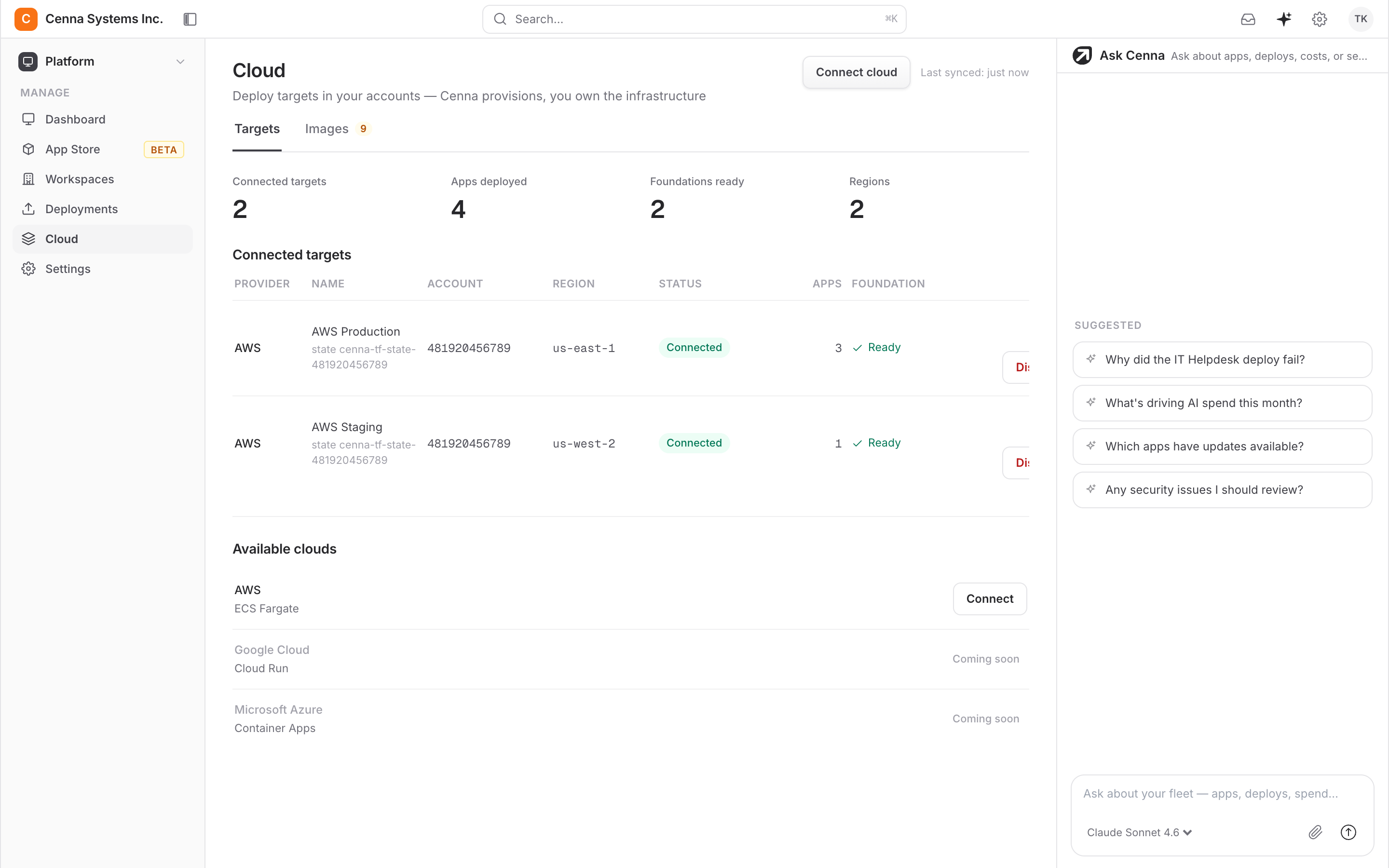 Cenna cloud targets: the AWS accounts and regions a team is allowed to deploy into