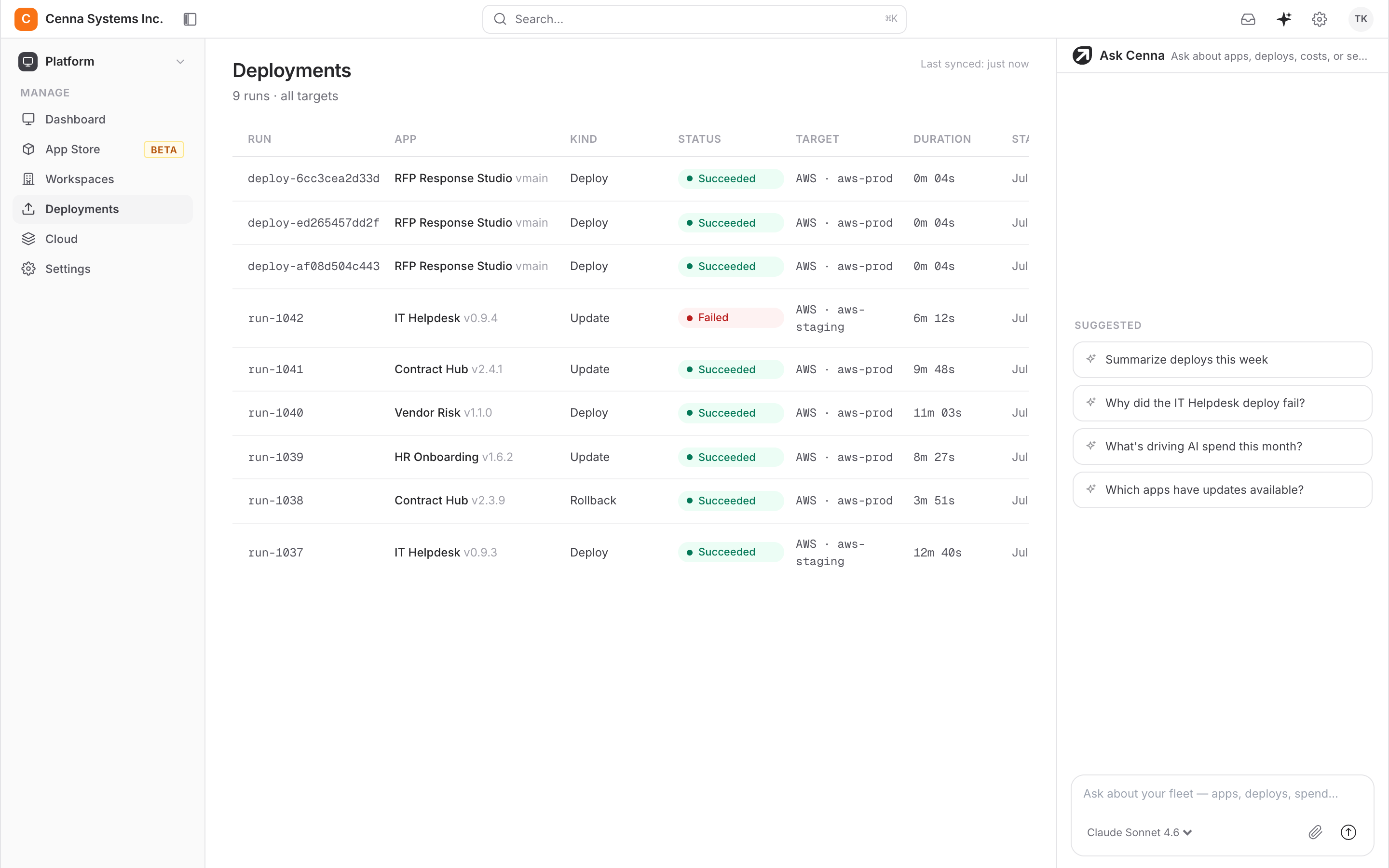 Cenna deployments list showing each release, its version, and its status