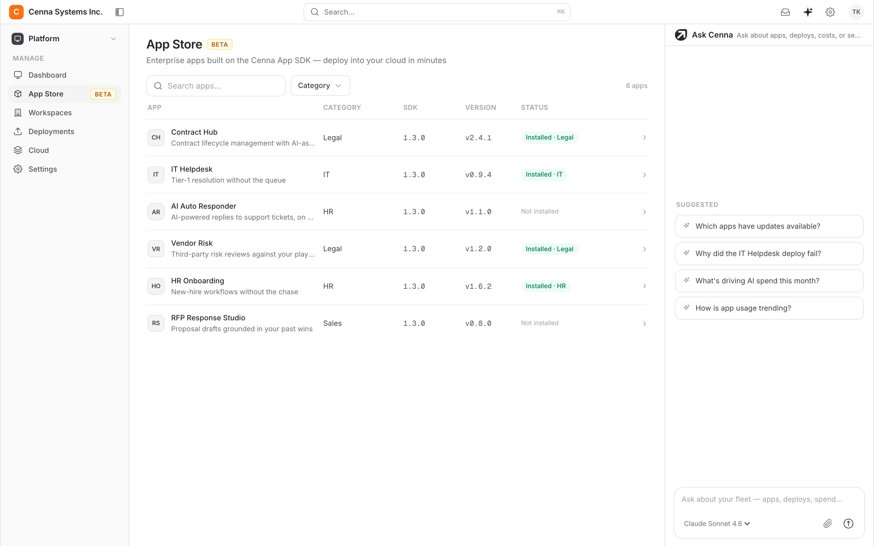 Cenna App Store catalog of enterprise applications